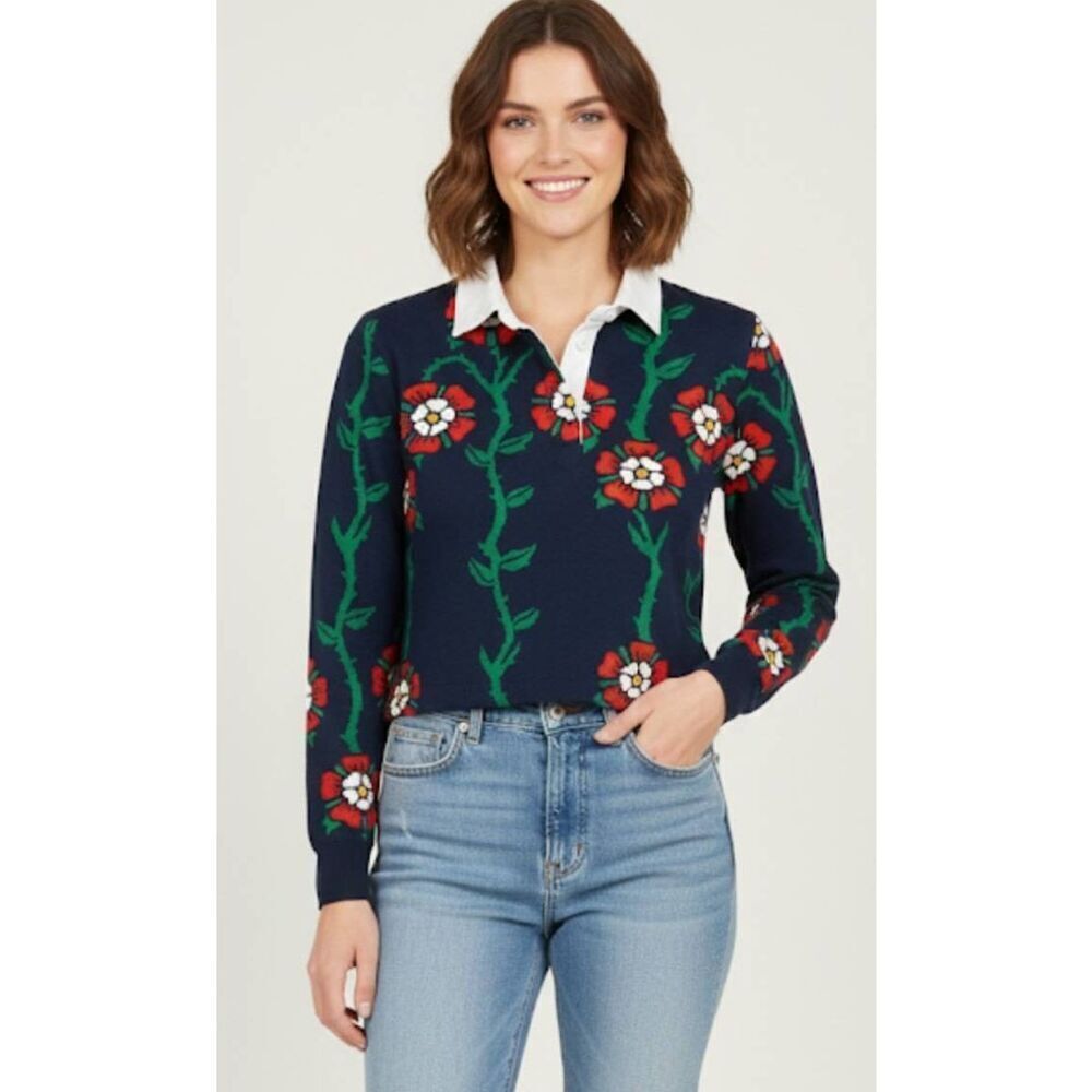 Rowing Blazers Navy Floral Rugby Sweater with Red & Green Accents